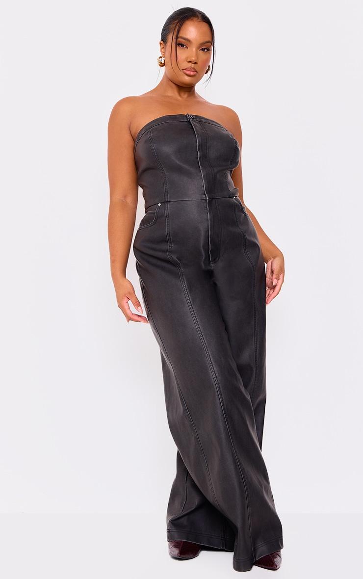 Plus Black Faux Leather Bandeau Lace Back Straight Leg Jumpsuit Product Image