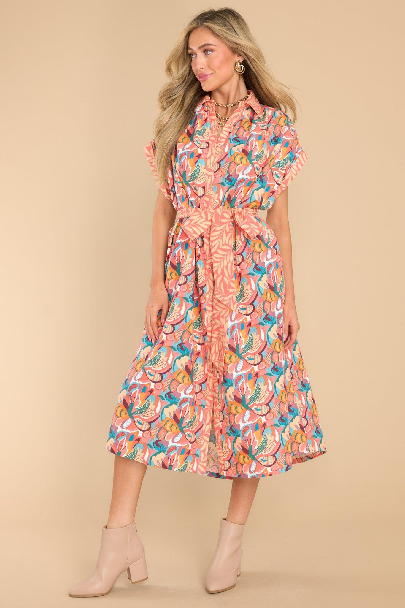 Aura Just A Feeling Coral Floral Print Midi Dress Product Image