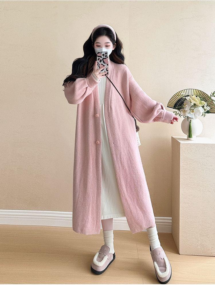 Maternity Long-Sleeve Mock Neck Plain Midi A-Line Knit Dress / V-Neck Button-Up Long Cardigan Product Image