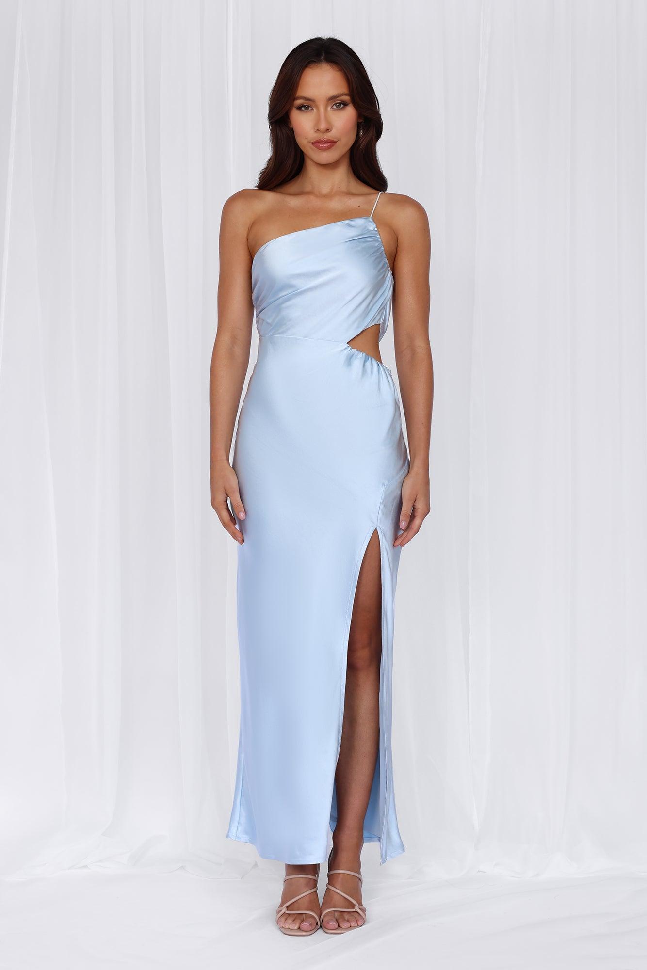 HELLO MOLLY The Opal One Shoulder Satin Maxi Dress Blue Product Image