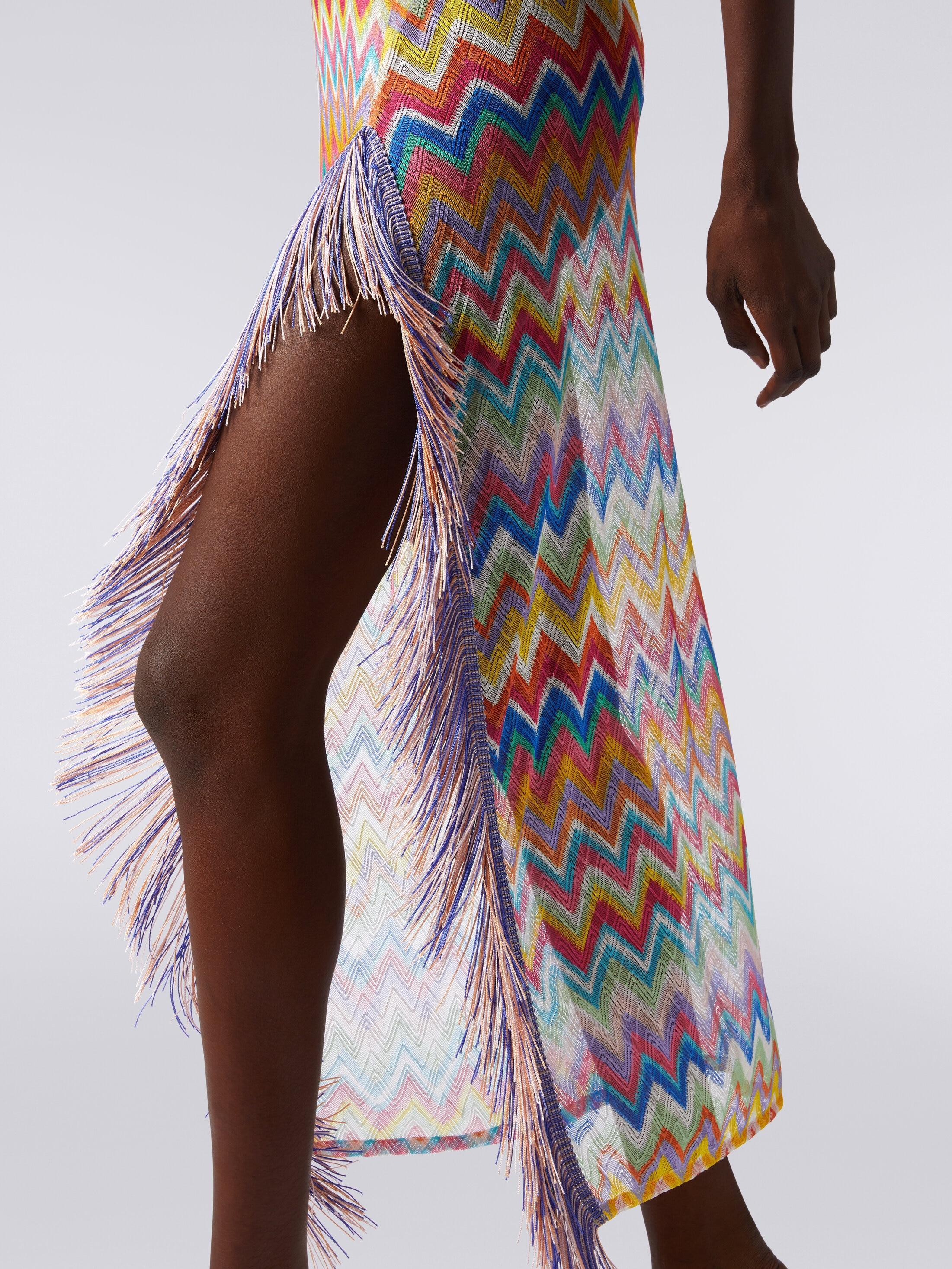 Long cover-up dress with zigzag print and fringes Product Image