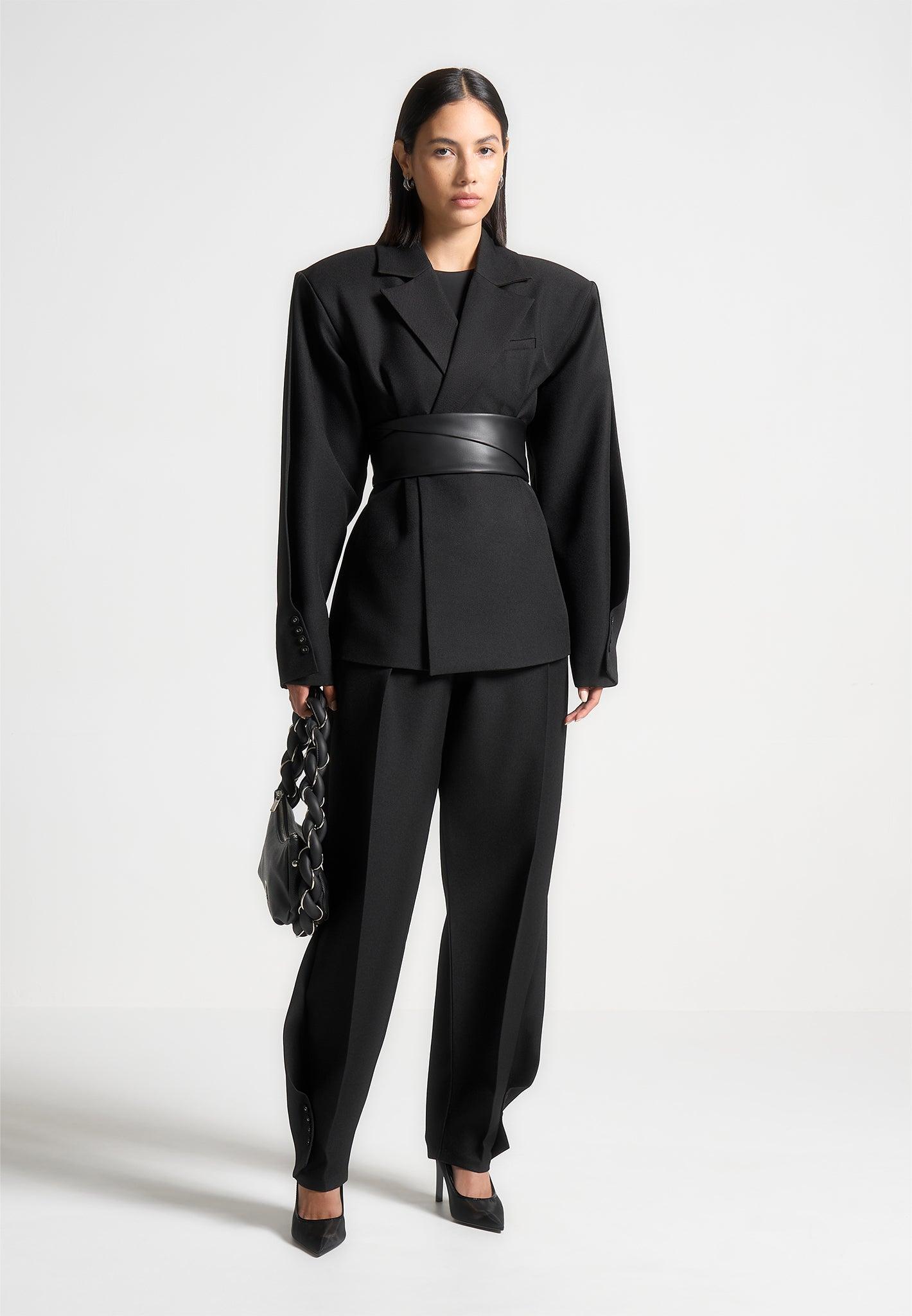 Twist Sleeve Tailored Blazer with Belt - Black Female Product Image