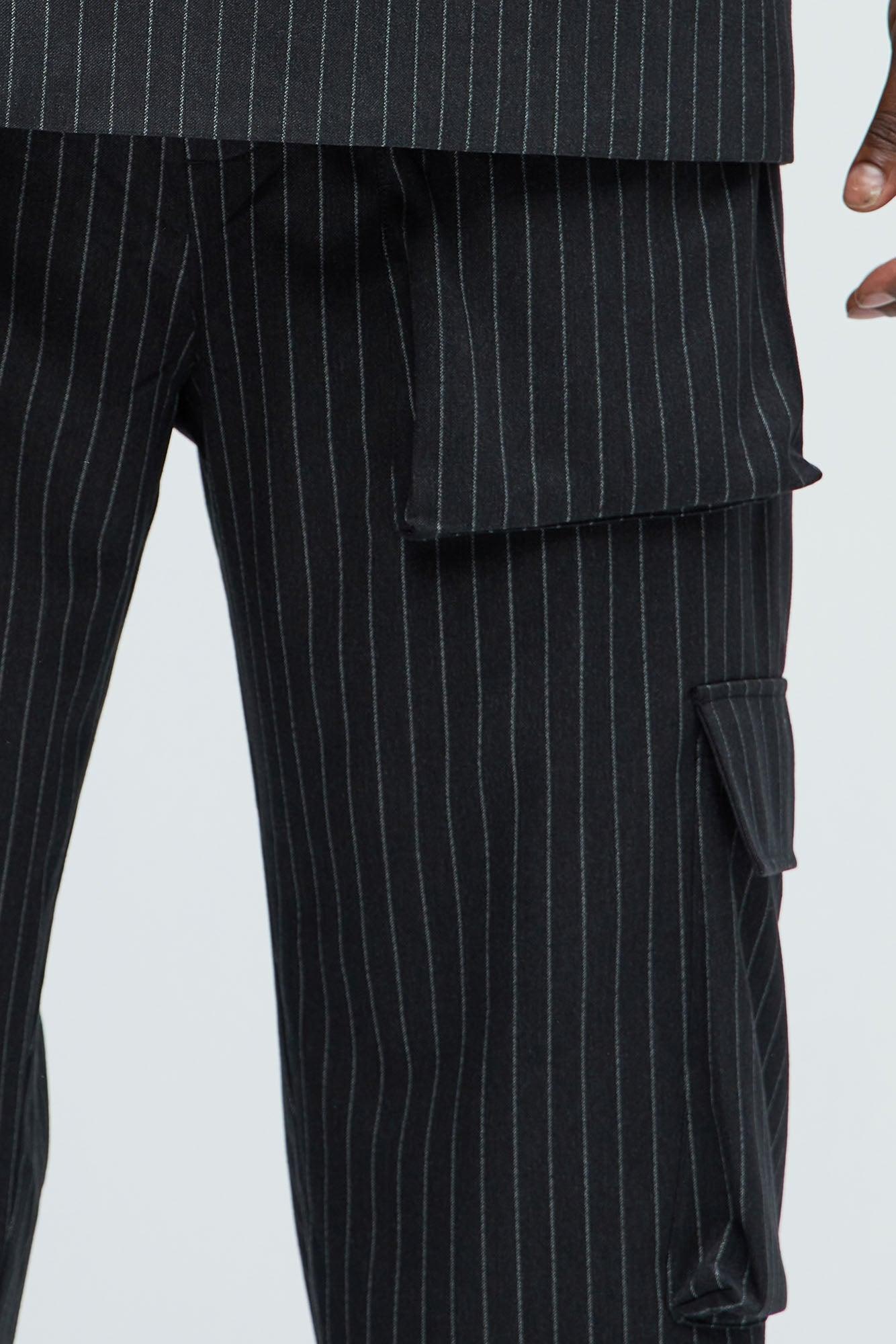 Liam Pinstripe Cargo Trousers - Black Product Image