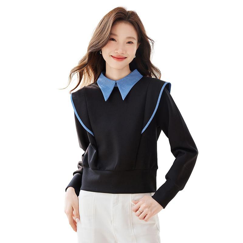 Collared Mock Two-Piece Contrast Trim Crop Pullover Product Image