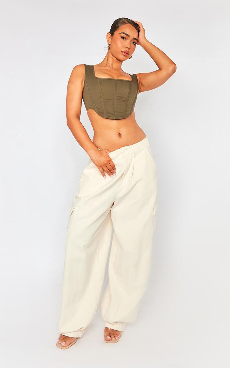 Dark Khaki Stretch Woven Boned Corset Crop Top Product Image