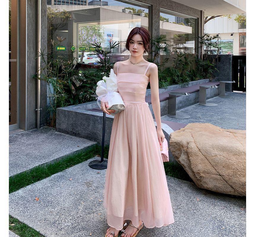 Spaghetti Strap Plain Ruched Maxi A-Line Dress Product Image