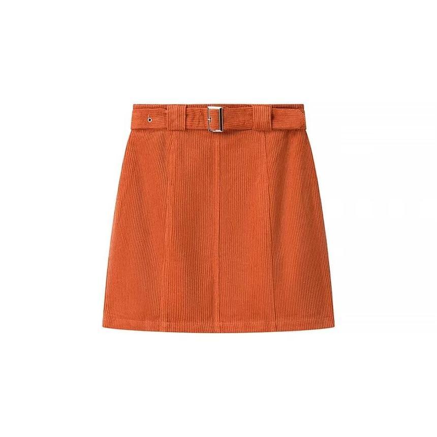 High Rise Plain Belted Corduroy Mini A-Line Skirt Product Image