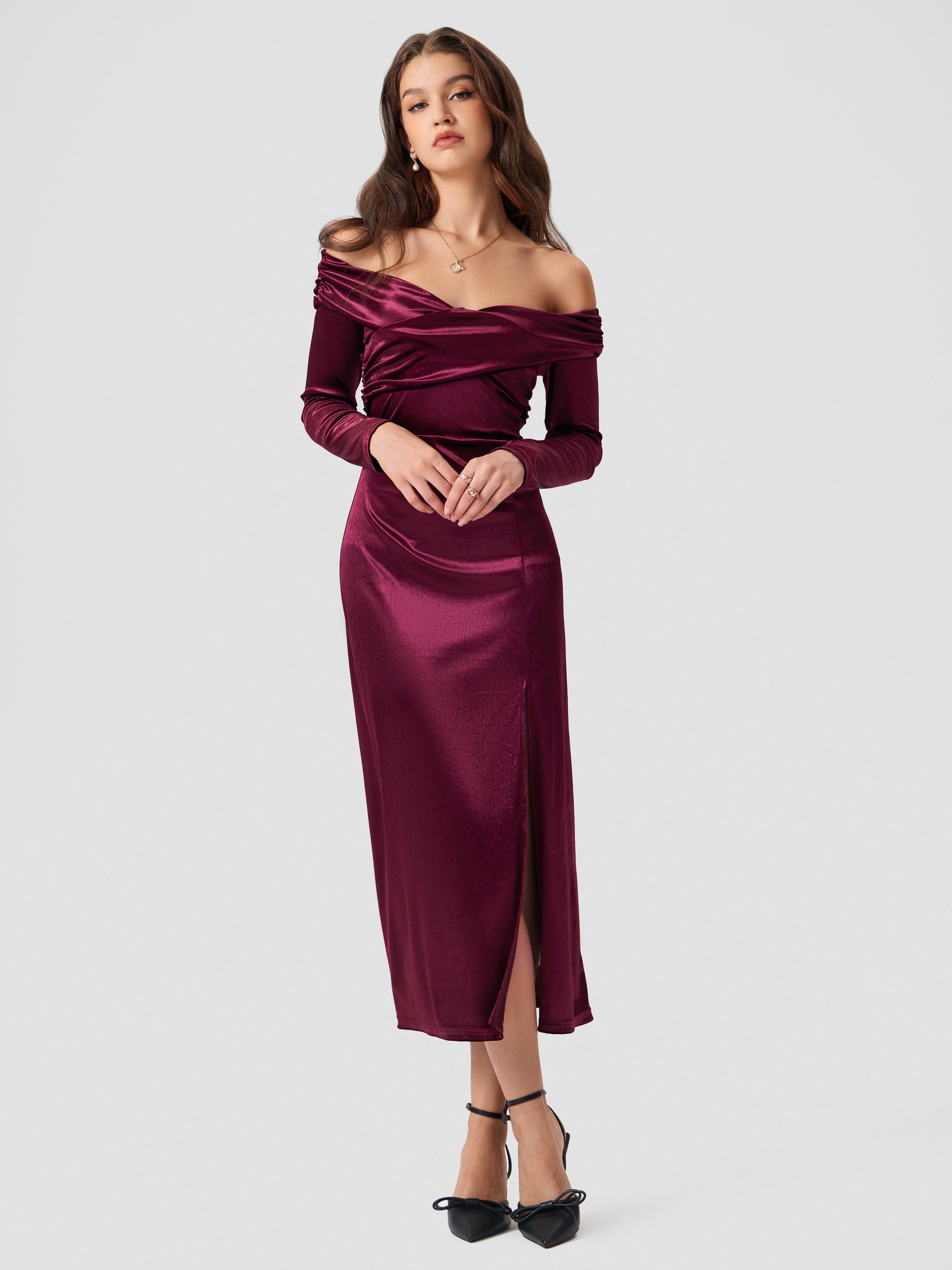 Velvet Off-shoulder Solid Split Maxi Dress Product Image