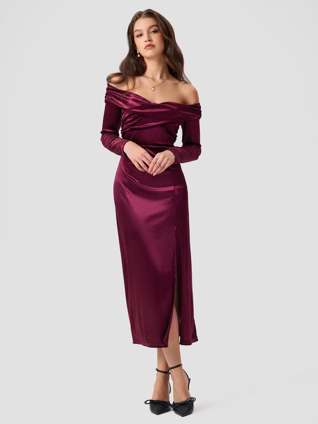 Velvet Off-shoulder Solid Split Maxi Dress Product Image