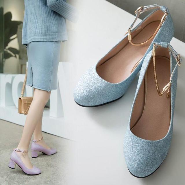 Glitter Block Heel Ankle Strap Pumps Product Image