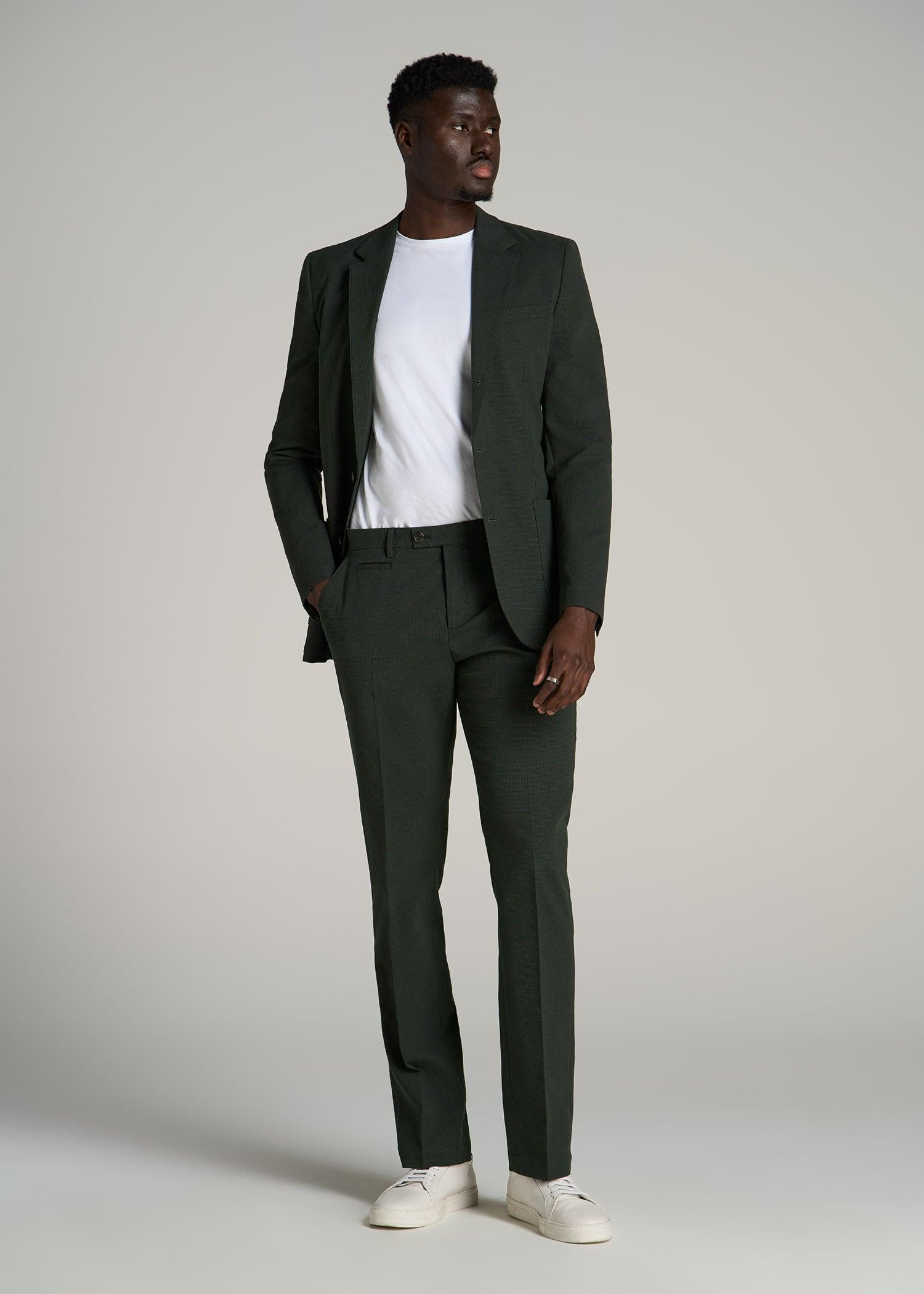 Textured Garment Washed Stretch Chino Suit Pants for Tall Men in Dark Olive Green Product Image