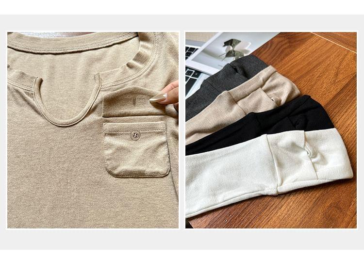 Long-Sleeve Notch Neck Plain Pocket Detail Tee Product Image