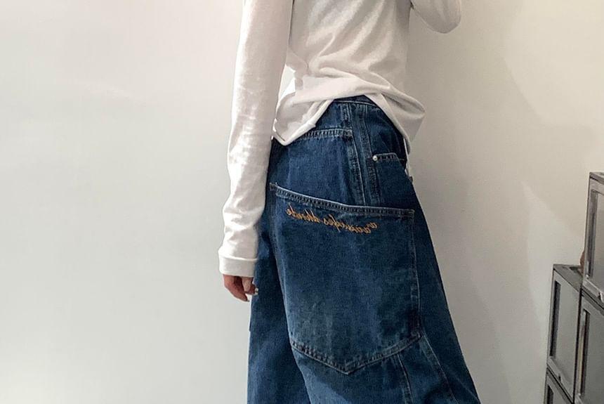 Mid Rise Paneled Washed Wide Leg Jeans Product Image