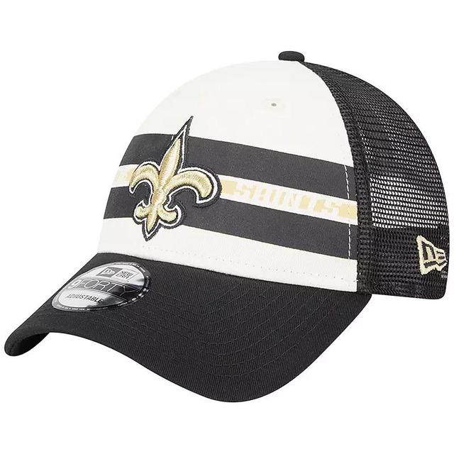 Mens New Era Cream/Black New Orleans Saints Team Stripe Trucker 9FORTY Snapback Hat Product Image