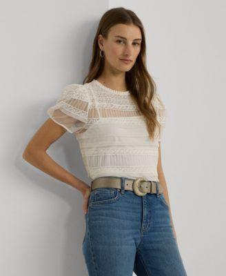 Petite Lace & Mesh Puff-Sleeve Top Product Image