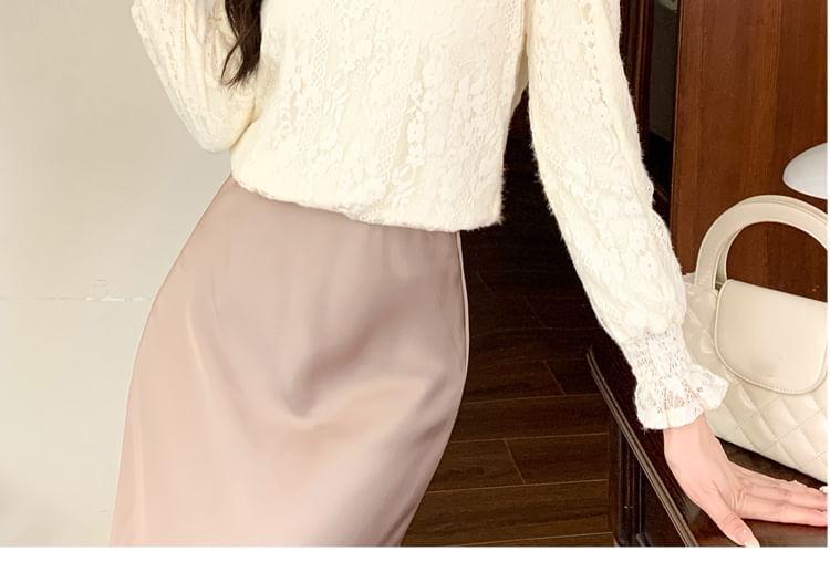 Long Sleeve Stand Collar Plain Lace Blouse Product Image