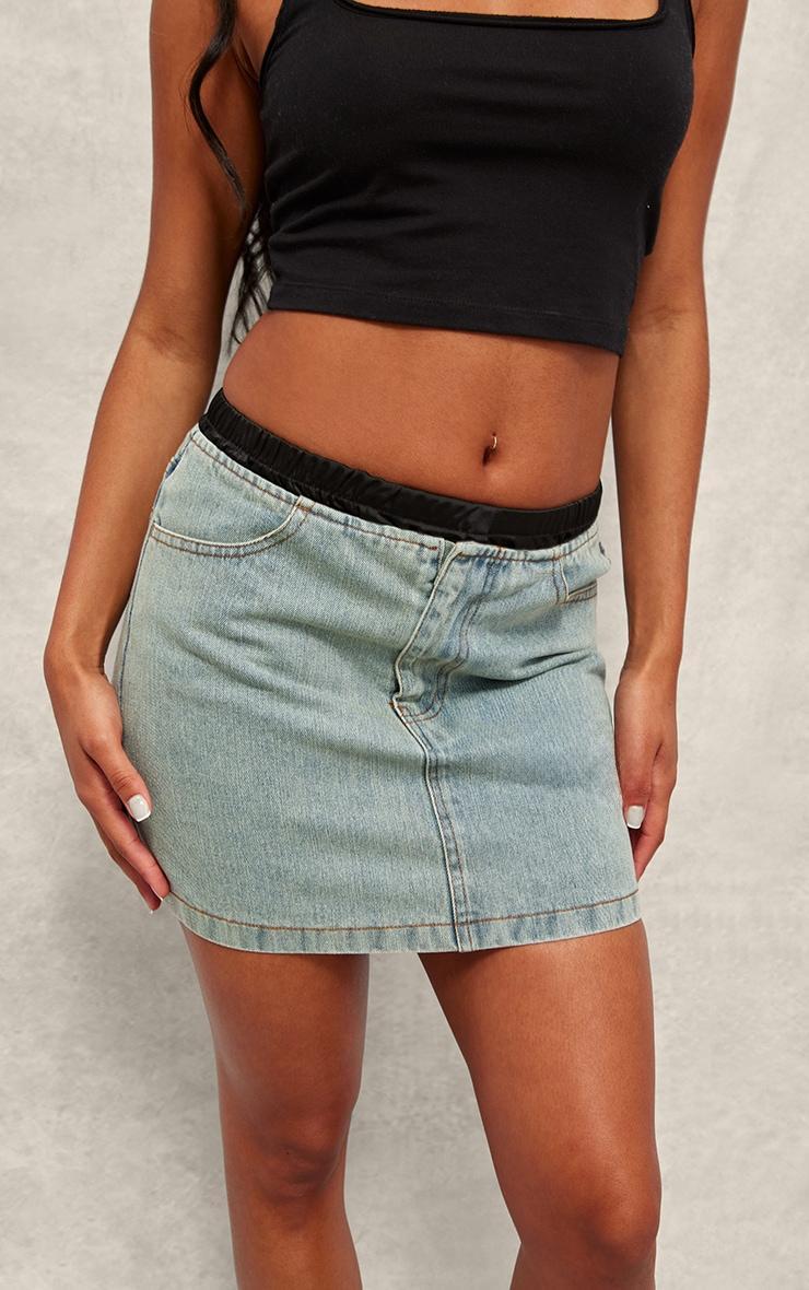 Contrast Satin Waistband Vintage Wash Denim Mini Skirt Product Image