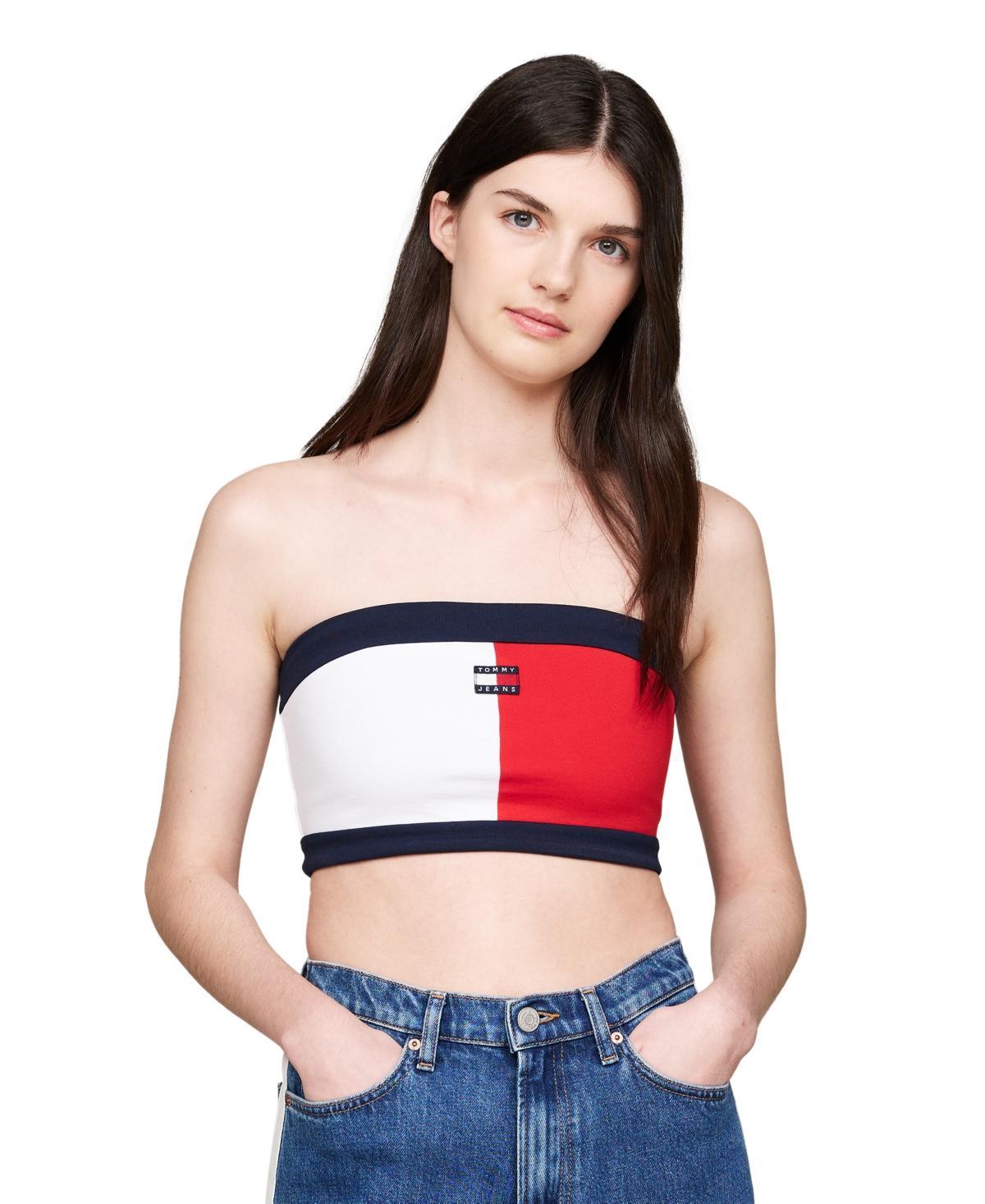 Tommy Jeans Womens Colorblocked Logo-Badge Tube Top - WHITE Product Image