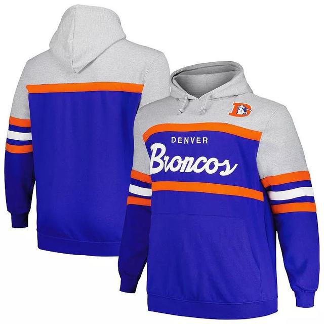 Mens Mitchell & Ness Heather Gray/Royal Denver Broncos Big & Tall Head Coach Pullover Hoodie Product Image