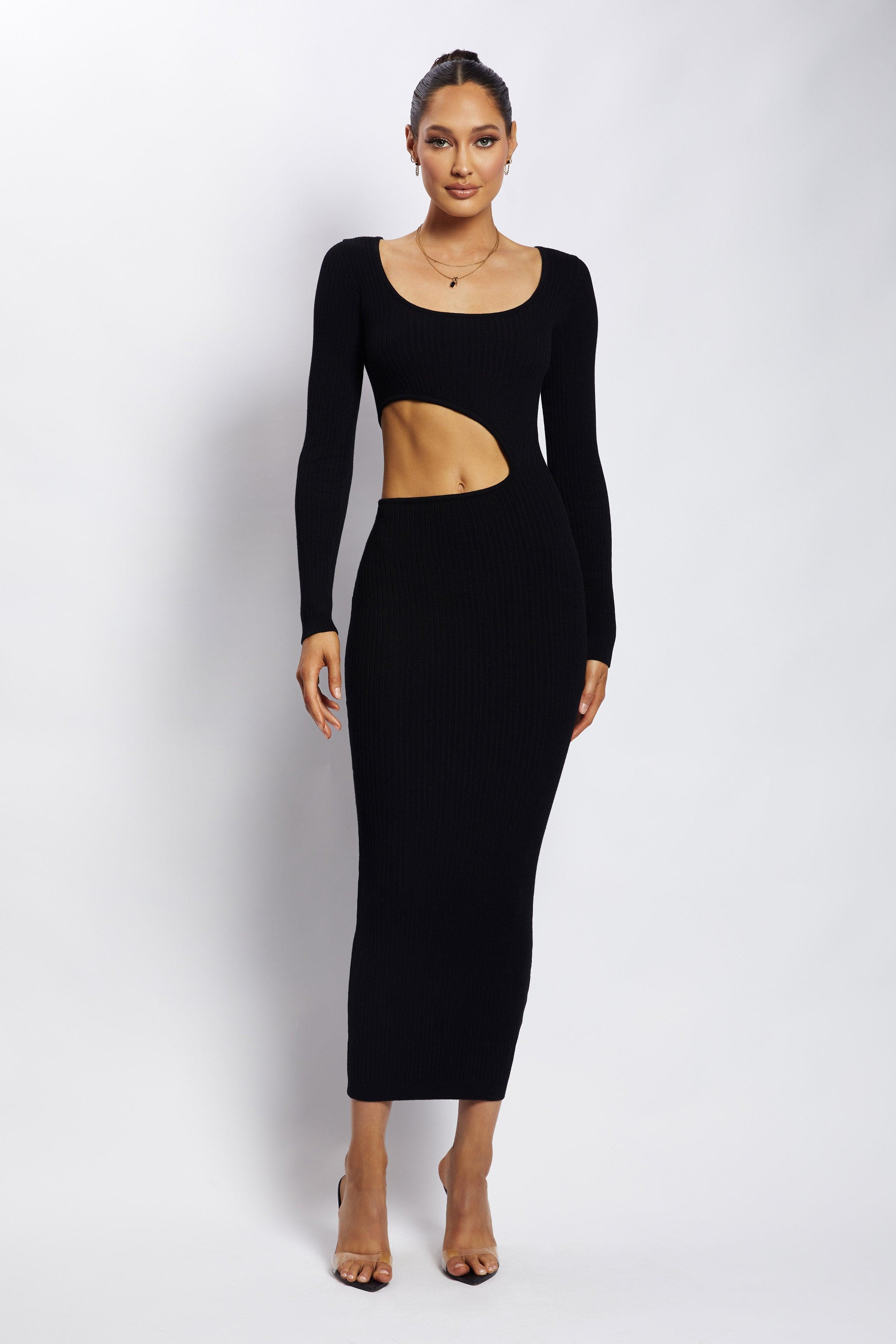 Gaia Cut Out Asymmetric Knitted Midi Dress - Black Product Image