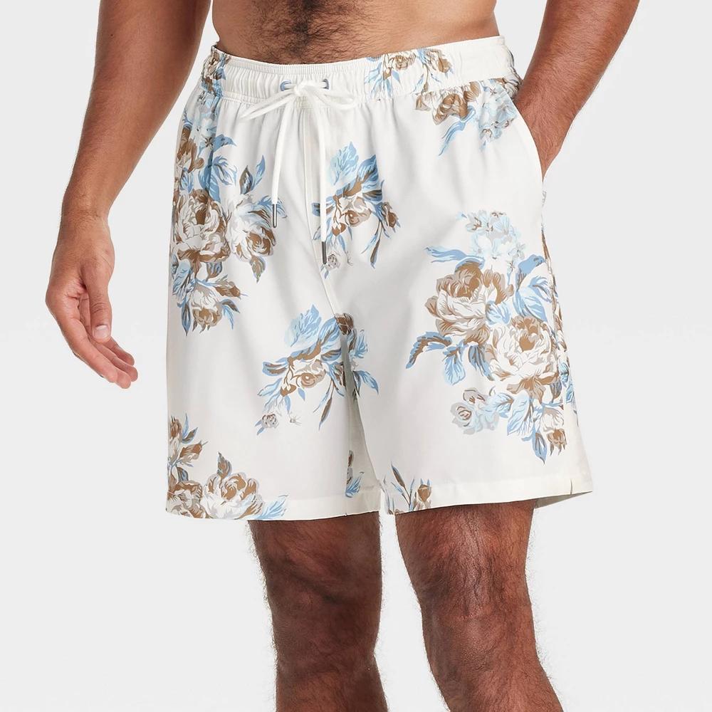 Mens 7 Regular Fit Swim Shorts - Goodfellow & Co White/Blue Floral XS Product Image