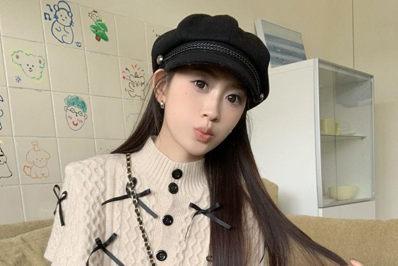 Long Sleeve Plain Ribbed Top / Stand Collar Bow Cable Knit Button Capelet Product Image