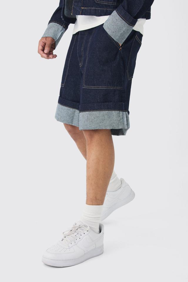 Mens Blue Regular Rigid Denim Turn Up Jorts In Indigo, Blue Product Image