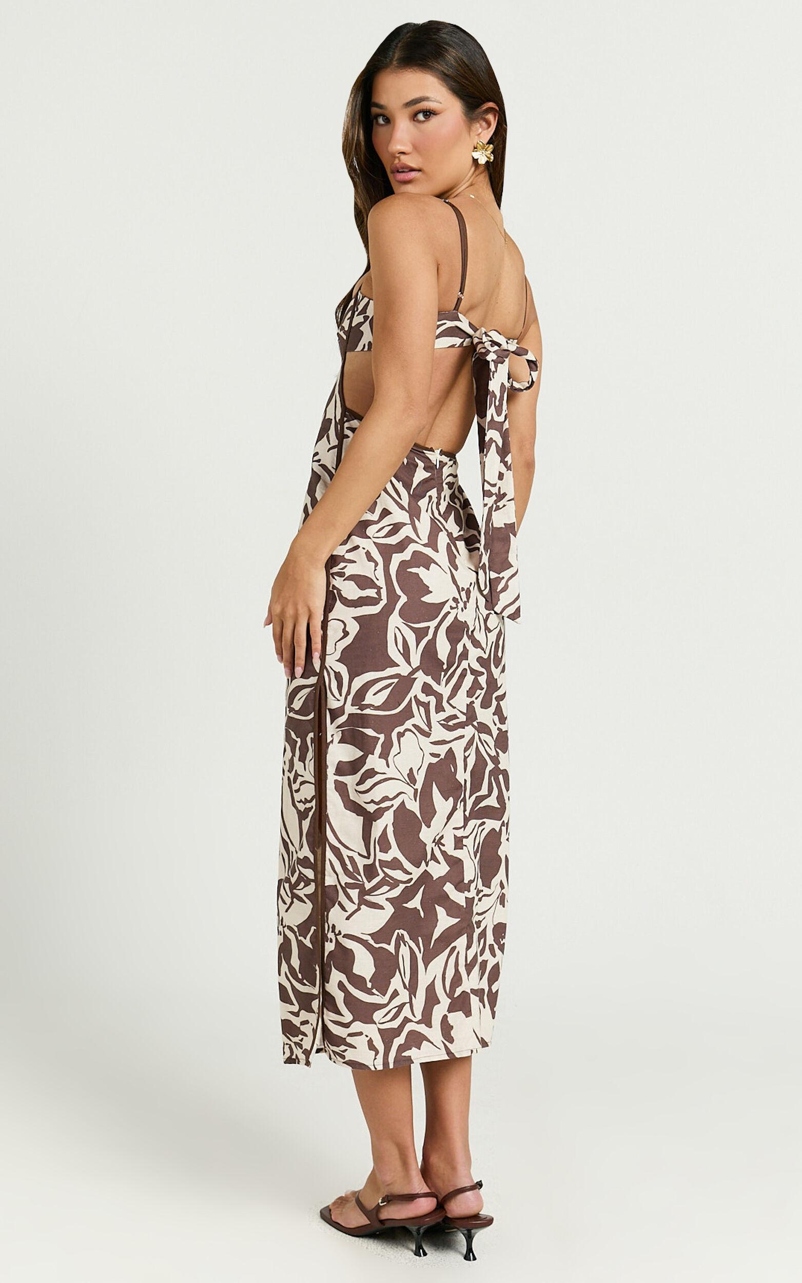 Gibson Midi Dress - Linen Look Scoop Neck Back Tie Dress in Tonal Stencil Floral Product Image