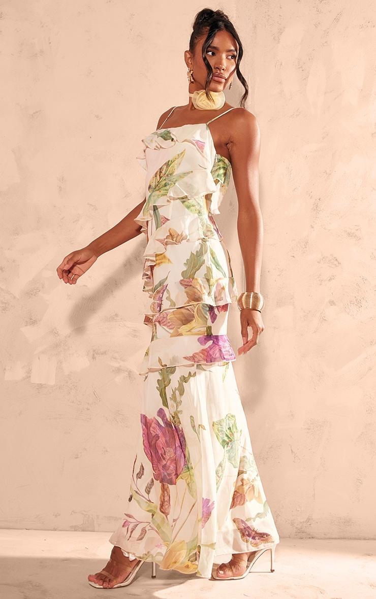 Multi Floral Chiffon Extreme Frill Maxi Dress Product Image