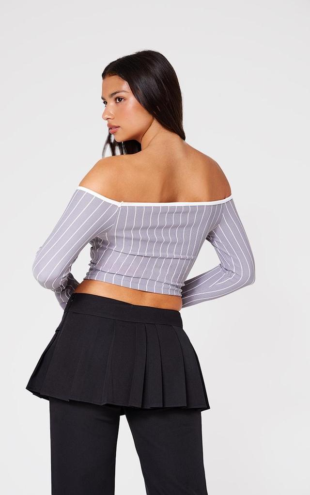 Grey Contrast Detail Pinstripe Bardot Long Sleeve Top Product Image