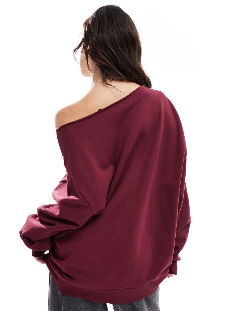 ASOS DESIGN off shoulder sweatshirt in burgundy Product Image