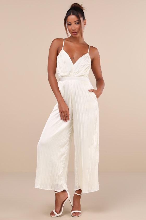 Stellar Poise Ivory Pleated Satin Wide-Leg Jumpsuit Product Image