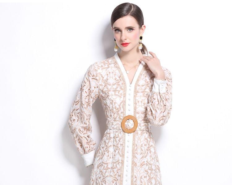 Long Sleeve V-Neck Embroidered Eyelet Belted Midi A-Line Dress Product Image