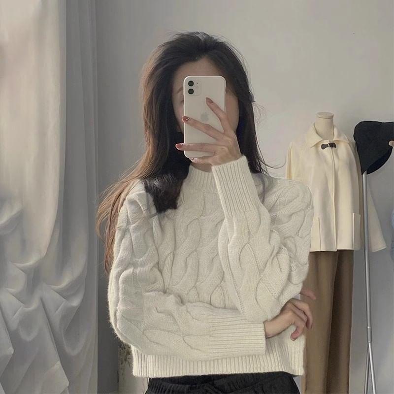 Mock Neck Plain Cable Knit Crop Sweater Product Image