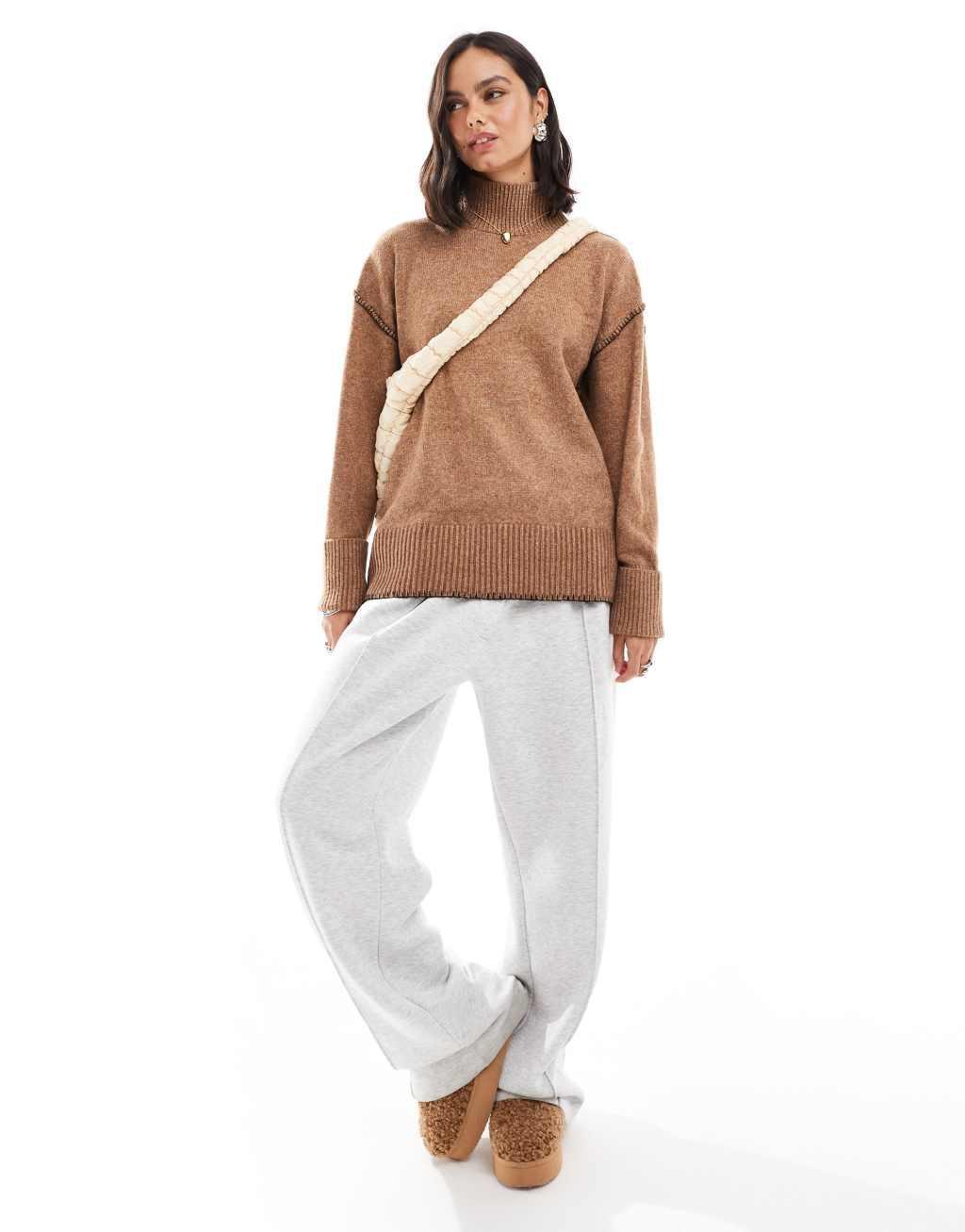 ASOS DESIGN knitted high neck sweater with turn back cuffs with contrast stitch in camel product image