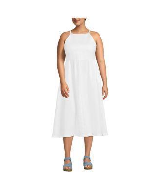 Plus Size Linen Sleeveless Square High Neck Midi Dress Product Image