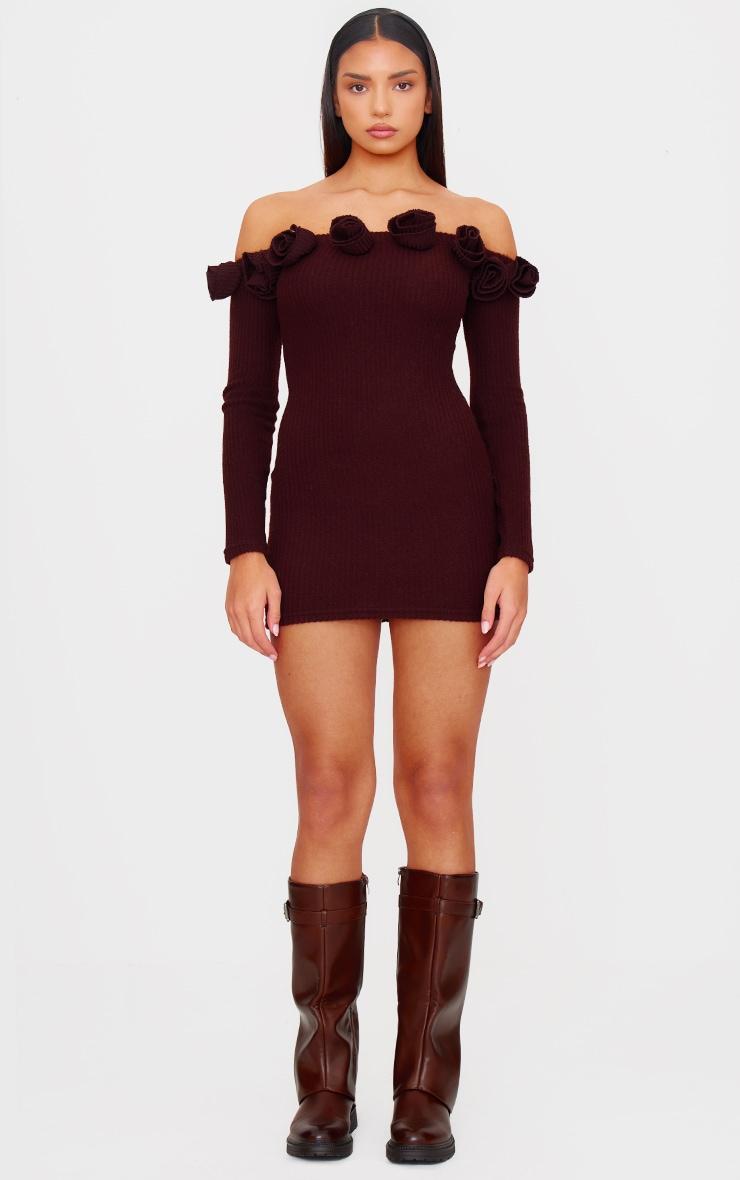 Chocolate Brushed Rib Corsage Detail Bardot Bodycon Dress Product Image