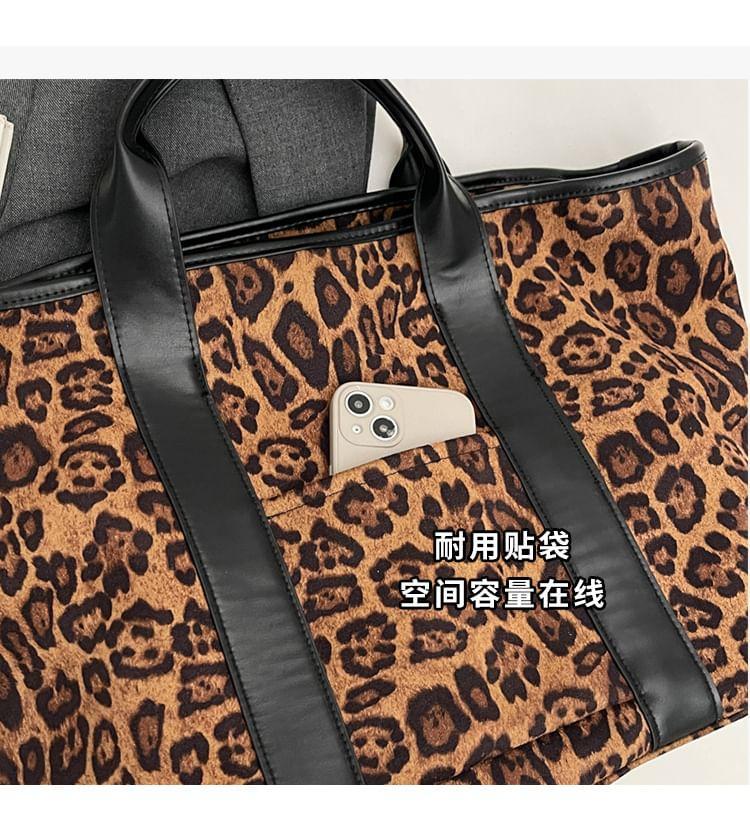 Leopard Print Faux Leather Panel Tote Bag Product Image