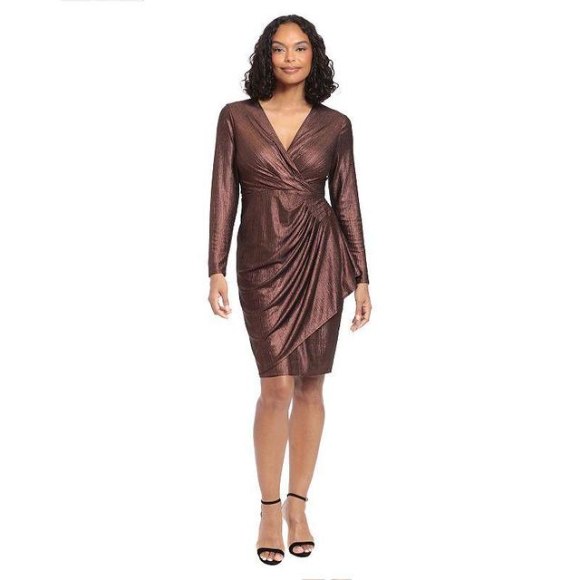 Womens Petite London Times Wrap Side Cascade Ruffle Dress Brown Product Image