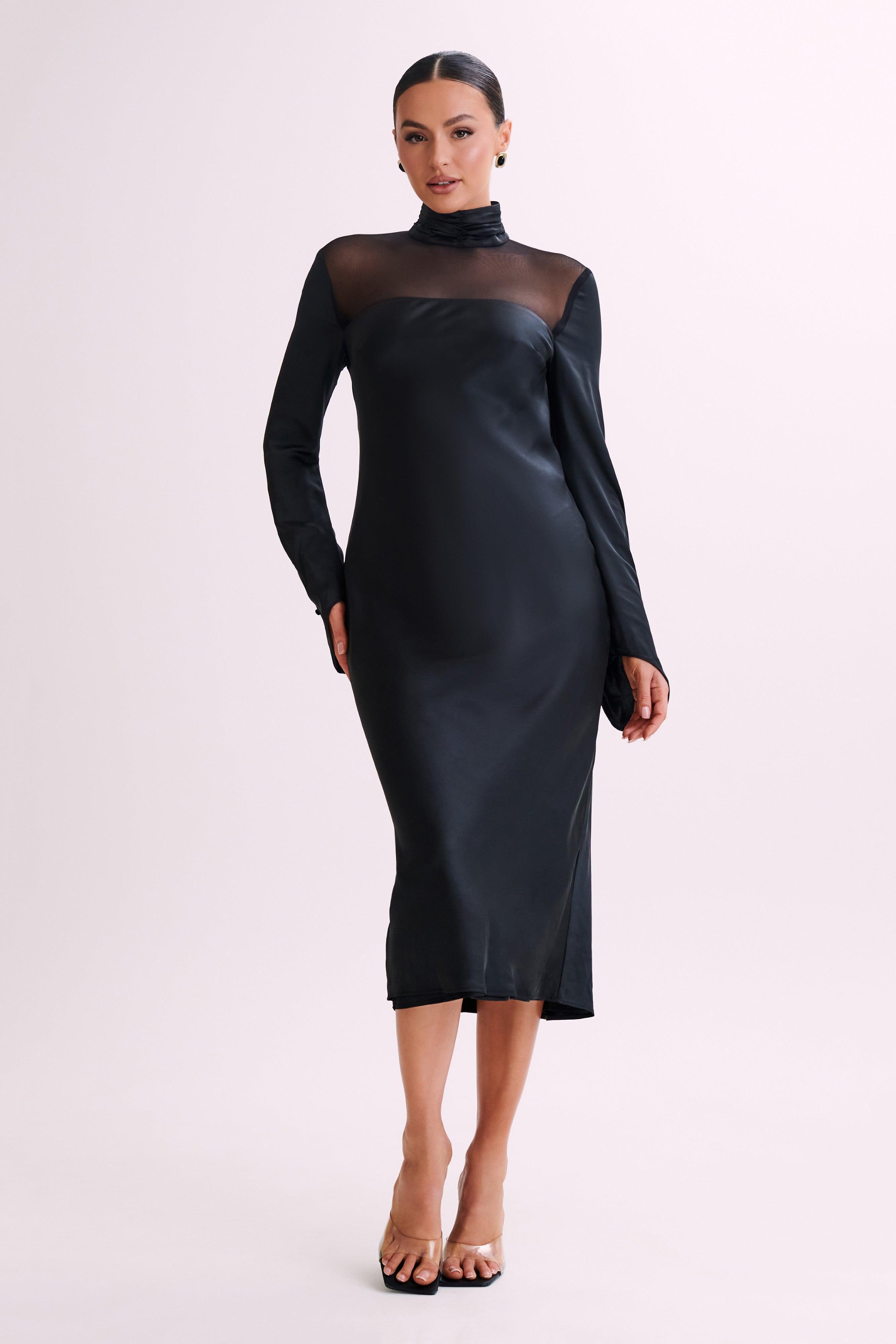 Patricia High Neck Satin Midi Dress - Black Product Image