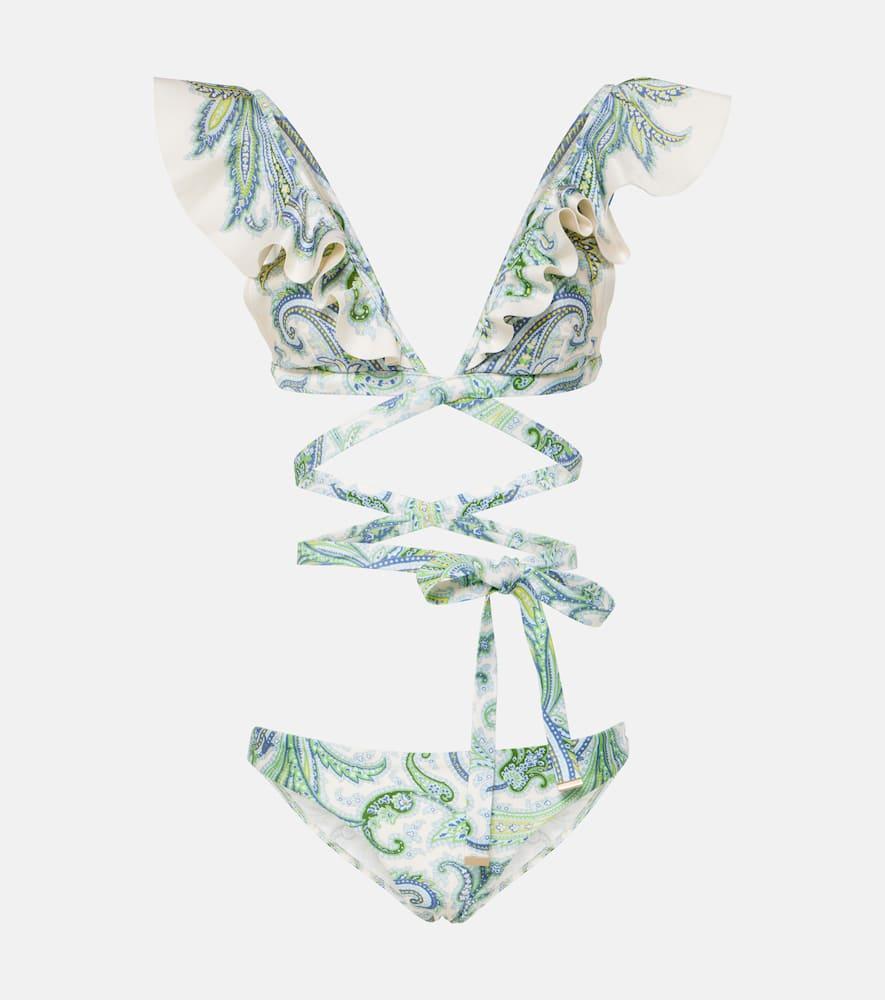 ZIMMERMANN Ottie Tie-front Ruffled Paisley-print Bikini In White Product Image