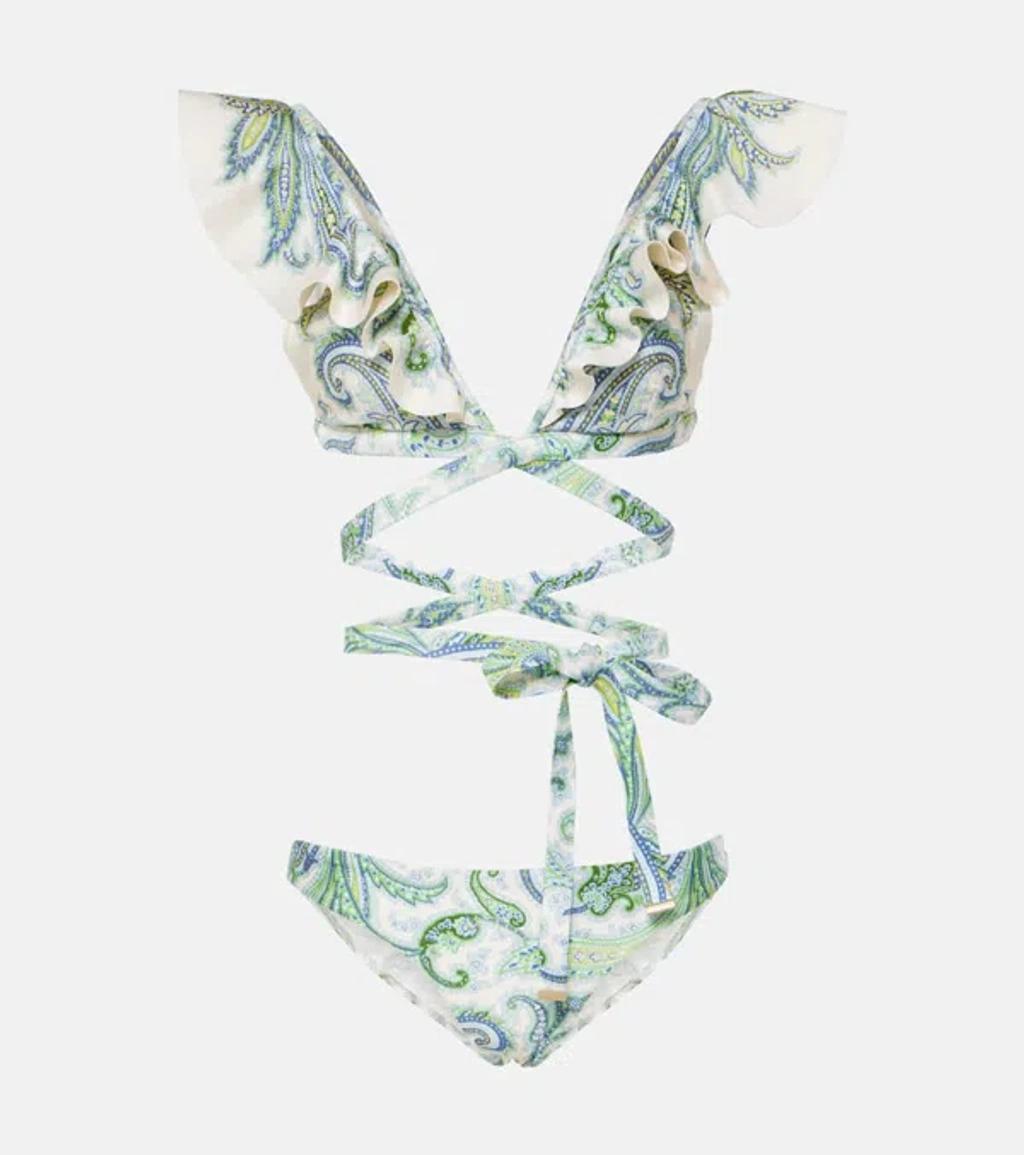 ZIMMERMANN Ottie Tie-front Ruffled Paisley-print Bikini In White Product Image