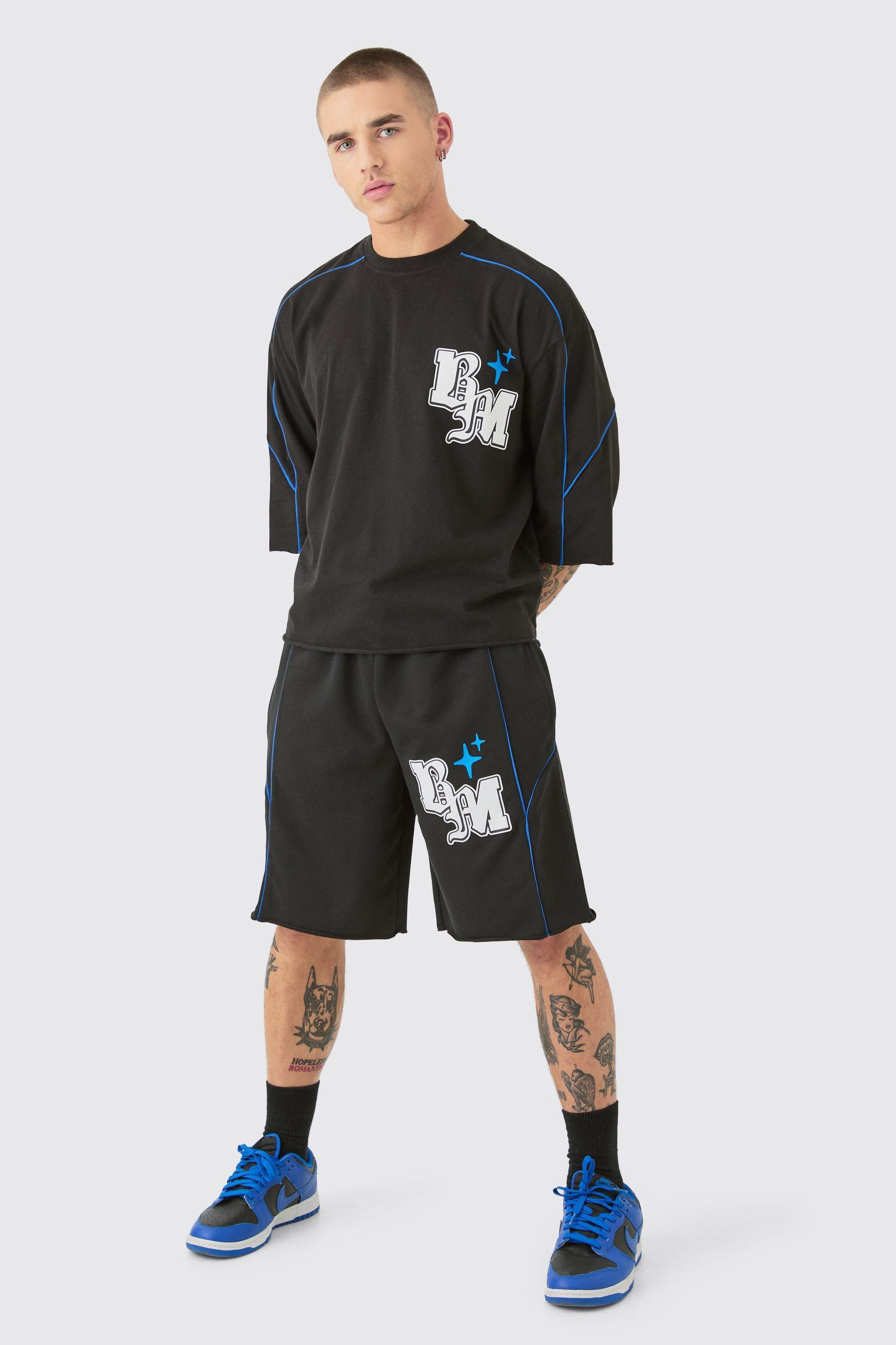 Oversized Boxy Half Sleeve BM Print Raw Hem T-shirt Set | boohooMAN USA Product Image