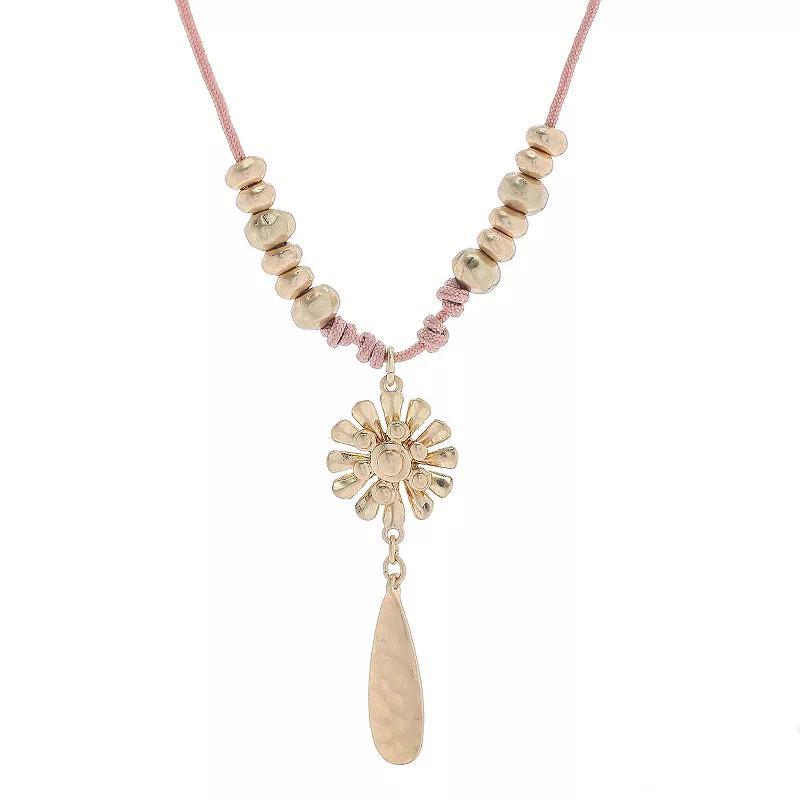 Bella Uno Worn Gold Flower & Teardrop Corded Lariat Necklace, Womens Gold Tone Product Image