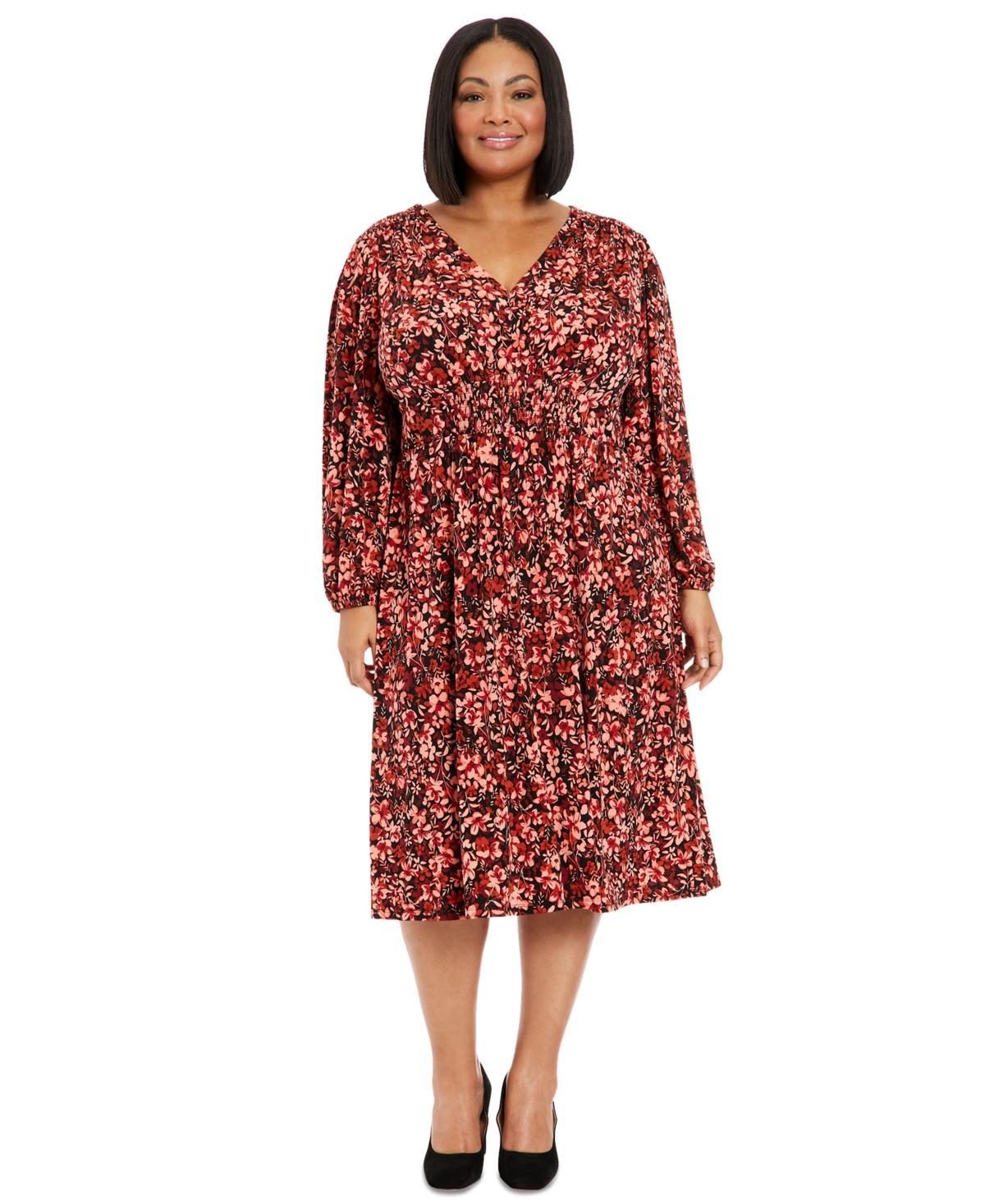 London Times Plus Size Smocked-Trim Long-Sleeve Dress Product Image