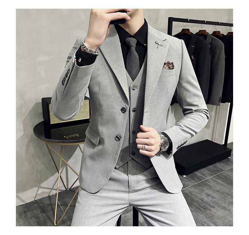 Set: Plain Single-Breasted Blazer + Vest + Straight Leg Dress Pants Product Image