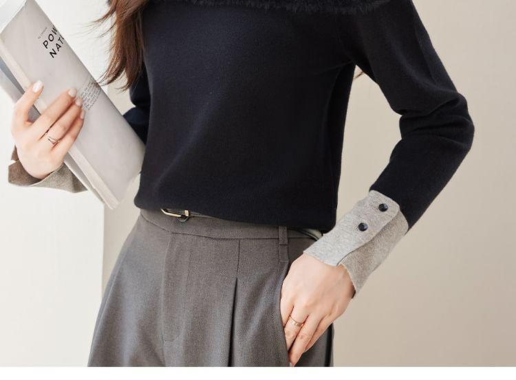 Long Sleeve Mock Neck Two Tone Panel Knit Top Product Image