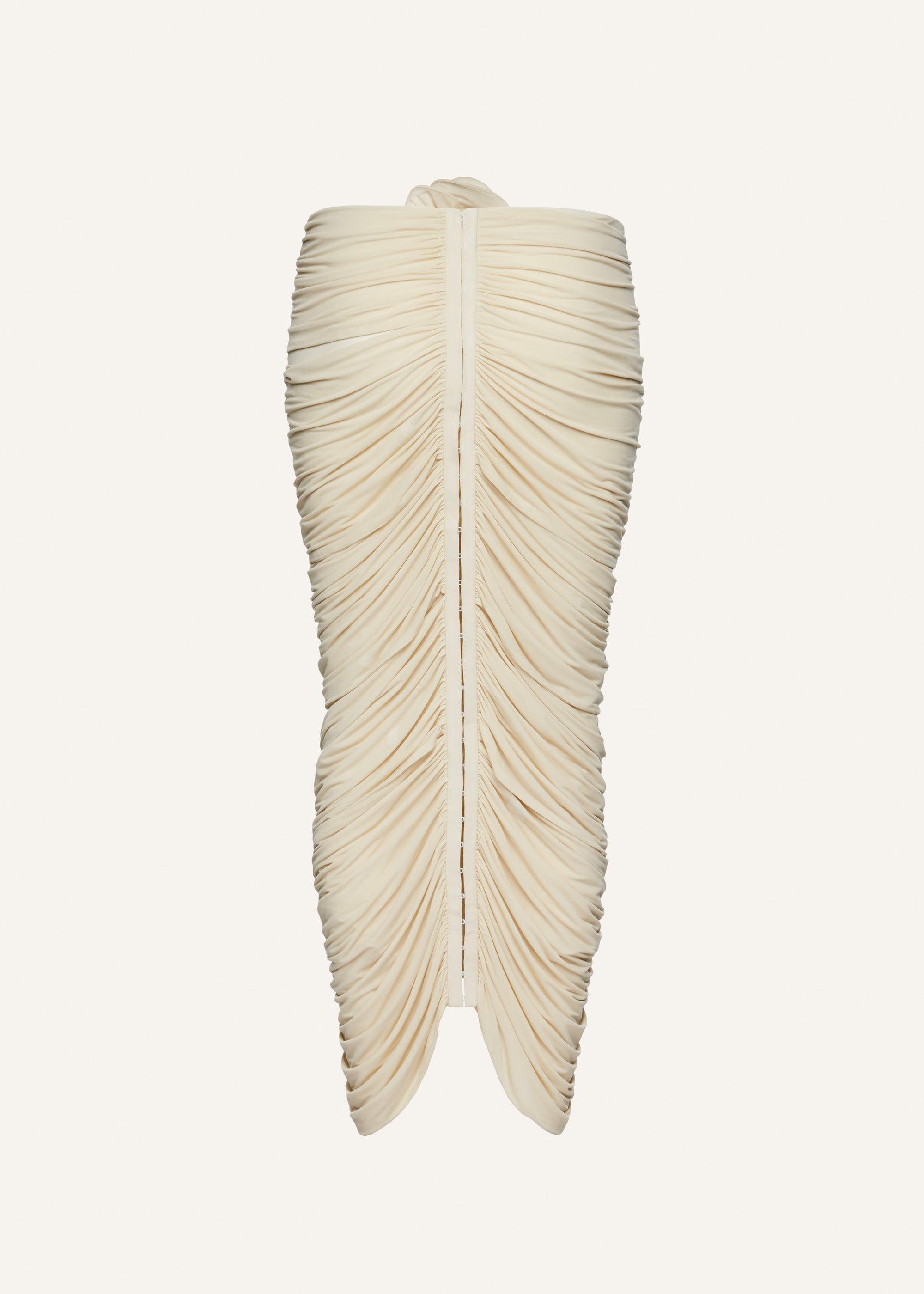 Ruched rose appliqué midi skirt in beige Product Image