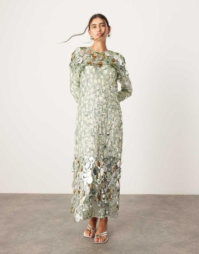 ASOS EDITION stacked multi sequin long sleeve column midaxi dress in green Product Image