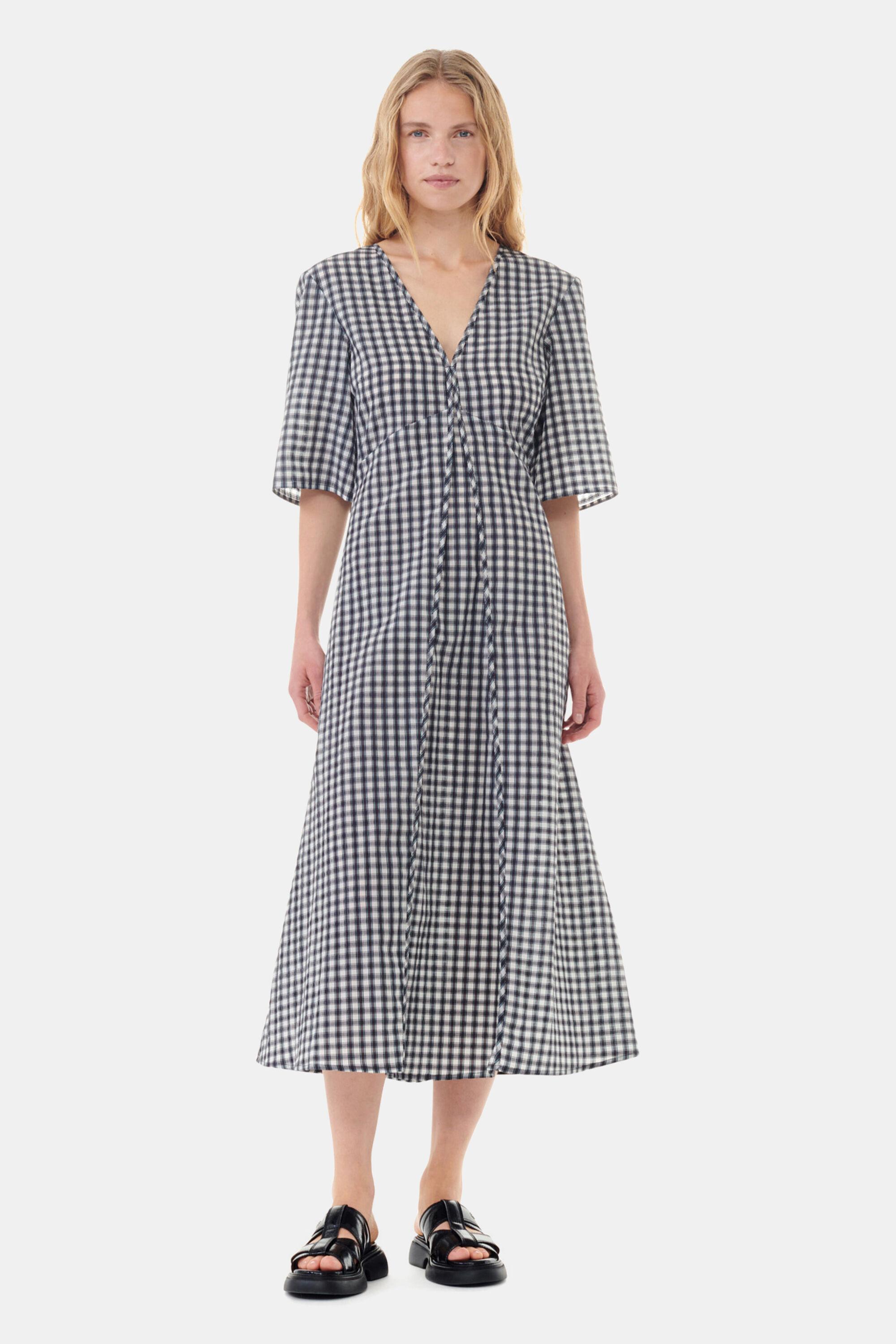 Seersucker Check V-neck Long Dress Product Image